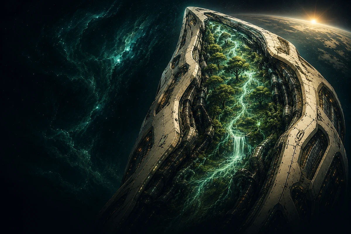 A living ark, its ivory hull sheltering trees and luminous roots, approaching a distant refuge.
